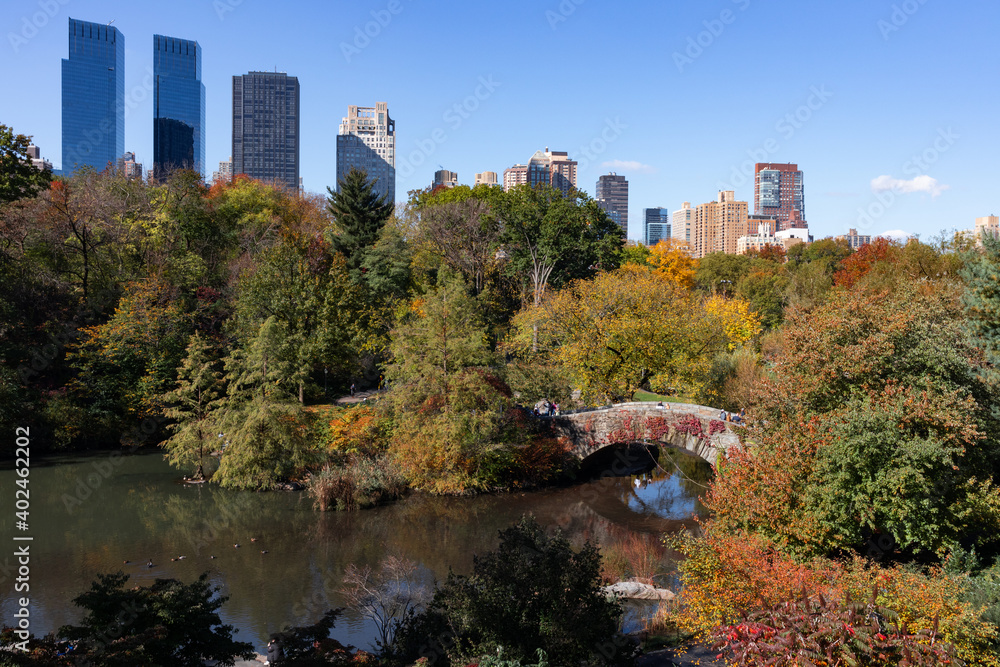 The Pond at Central Park during Autumn with the Gapstow Bridge and Colorful Trees in New York City