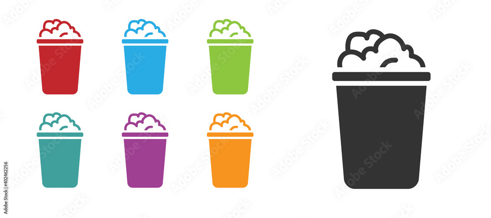 Black Bucket with soap suds icon isolated on white background. Bowl with water. Washing clothes, cleaning equipment. Set icons colorful. Vector. Black Bucket with soap suds icon isolated on white background. Bowl with water. Washing clothes, cleaning equipment. Set icons colorful. Vector.