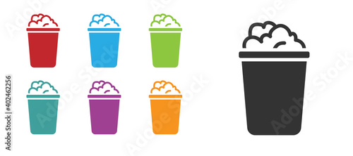 Black Bucket with soap suds icon isolated on white background. Bowl with water. Washing clothes, cleaning equipment. Set icons colorful. Vector.