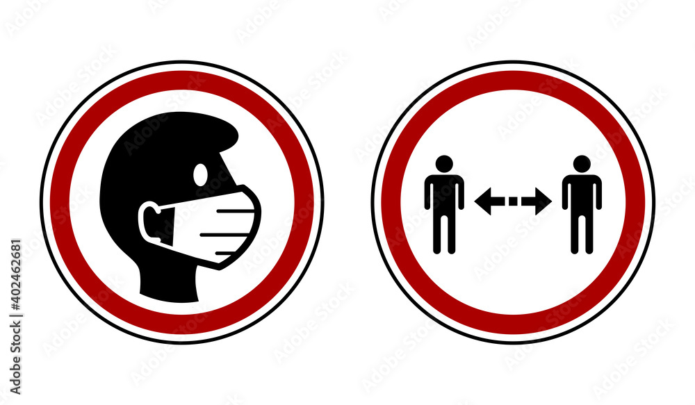 Wear a Face Mask and Keep Your Distance Round Warning or Instruction Icon Set against the Spread of Coronavirus Covid-19. Vector Image. Wear a Face Mask and Keep Your Distance Round Warning or Instruction Icon Set against the Spread of Coronavirus Covid-19. Vector Image.