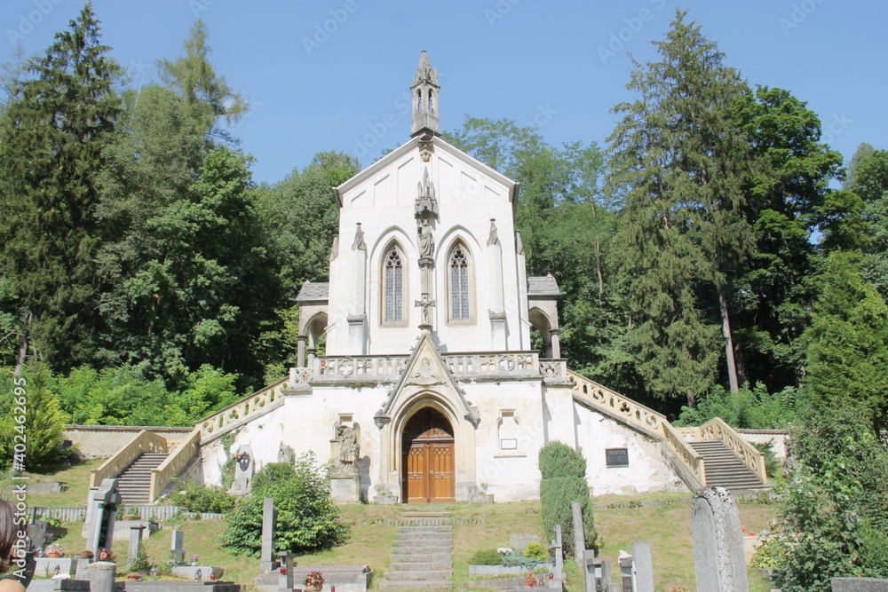 a cemetery in svaty jan pod skalou, czech republic