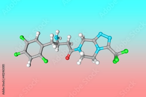 Molecular structure of sitagliptin. Atoms are represented as spheres with color coding: carbon (grey), oxygen (red), nitrogen (blue), hydrogen (white), fluorine (green). 3d illustration photo