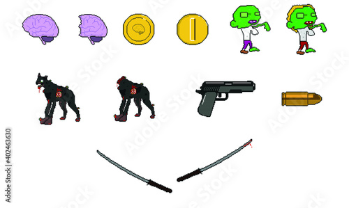 Videojuego zombies vectores de objetos y personajes para videojuego u otros. Pixels de items y personajes.