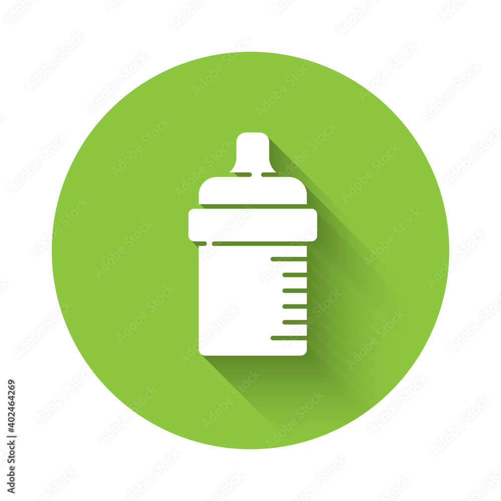 White Baby bottle icon isolated with long shadow. Feeding bottle icon. Milk bottle sign. Green circle button. Vector. White Baby bottle icon isolated with long shadow. Feeding bottle icon. Milk bottle sign. Green circle button. Vector.