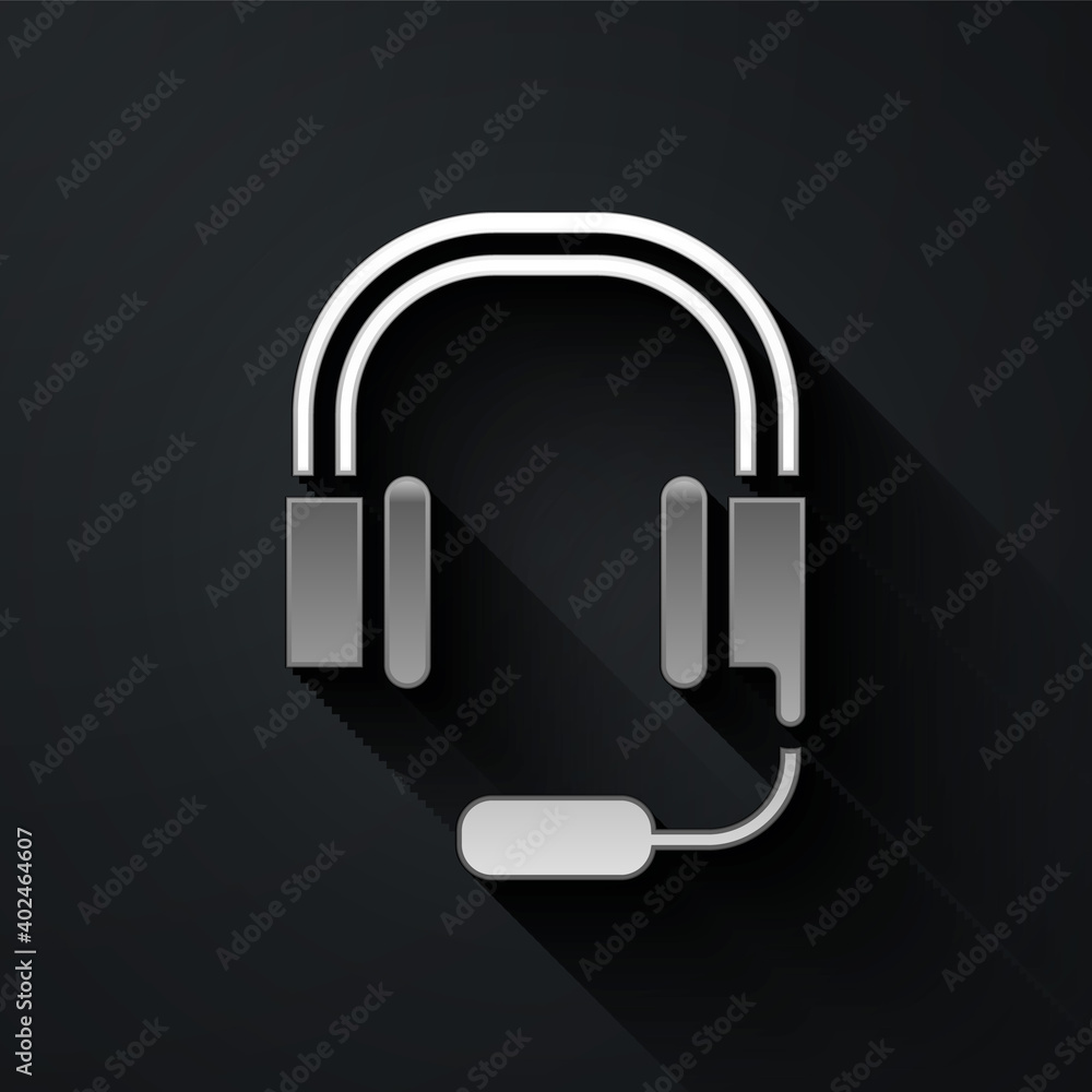 Silver Headphones with microphone icon isolated on black background. Long shadow style. Vector. Silver Headphones with microphone icon isolated on black background. Long shadow style. Vector.