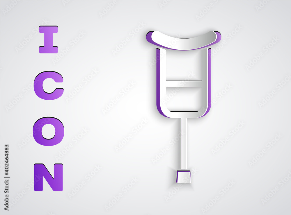 Paper cut Crutch or crutches icon isolated on grey background. Equipment for rehabilitation of people with diseases of musculoskeletal system. Paper art style. Vector. Paper cut Crutch or crutches icon isolated on grey background. Equipment for rehabilitation of people with diseases of musculoskeletal system. Paper art style. Vector.