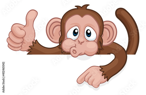 A monkey cartoon character animal peeking over a sign and pointing at it while doing a thumbs up