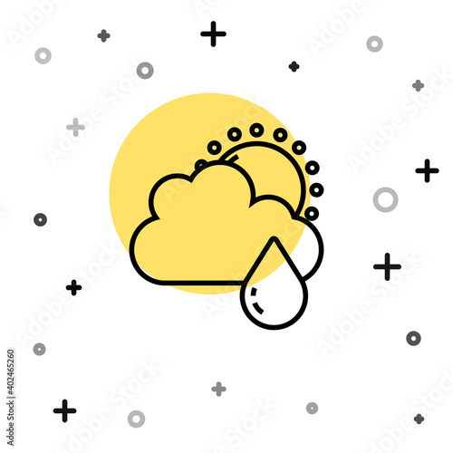 Black line Cloud with rain and sun icon isolated on white background. Rain cloud precipitation with rain drops. Random dynamic shapes. Vector.