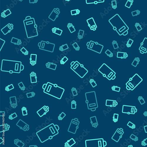 Green line Police assault shield icon isolated seamless pattern on blue background. Vector.