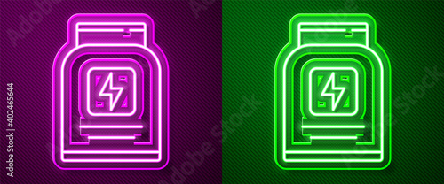Glowing neon line Sports nutrition bodybuilding proteine power drink and food icon isolated on purple and green background. Vector.