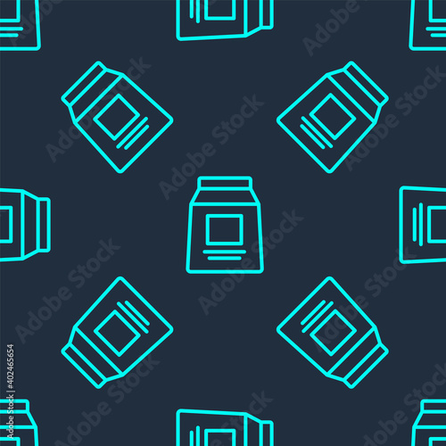 Green line Sports nutrition bodybuilding proteine power drink and food icon isolated seamless pattern on blue background. Vector.