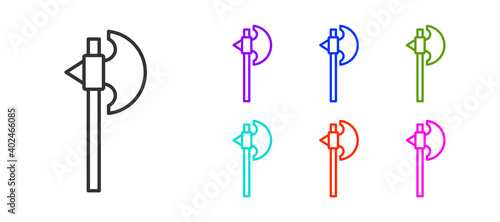 Black line Medieval axe icon isolated on white background. Battle axe, executioner axe. Medieval weapon. Set icons colorful. Vector.