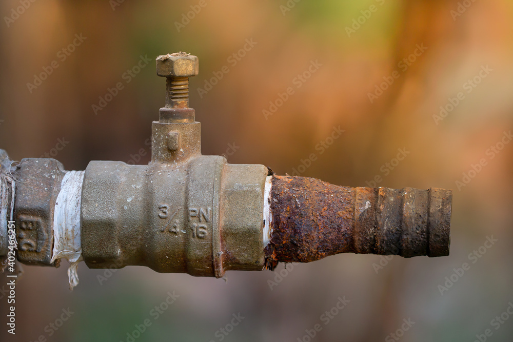 Valve closed open water, Old and rusted, No control valve No on / off valve,Equipment. Plumbing work. Water pipe repair.Background image.
