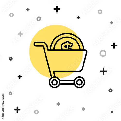 Black line Shopping cart and dollar symbol icon isolated on white background. Online buying concept. Delivery service. Supermarket basket. Random dynamic shapes. Vector.
