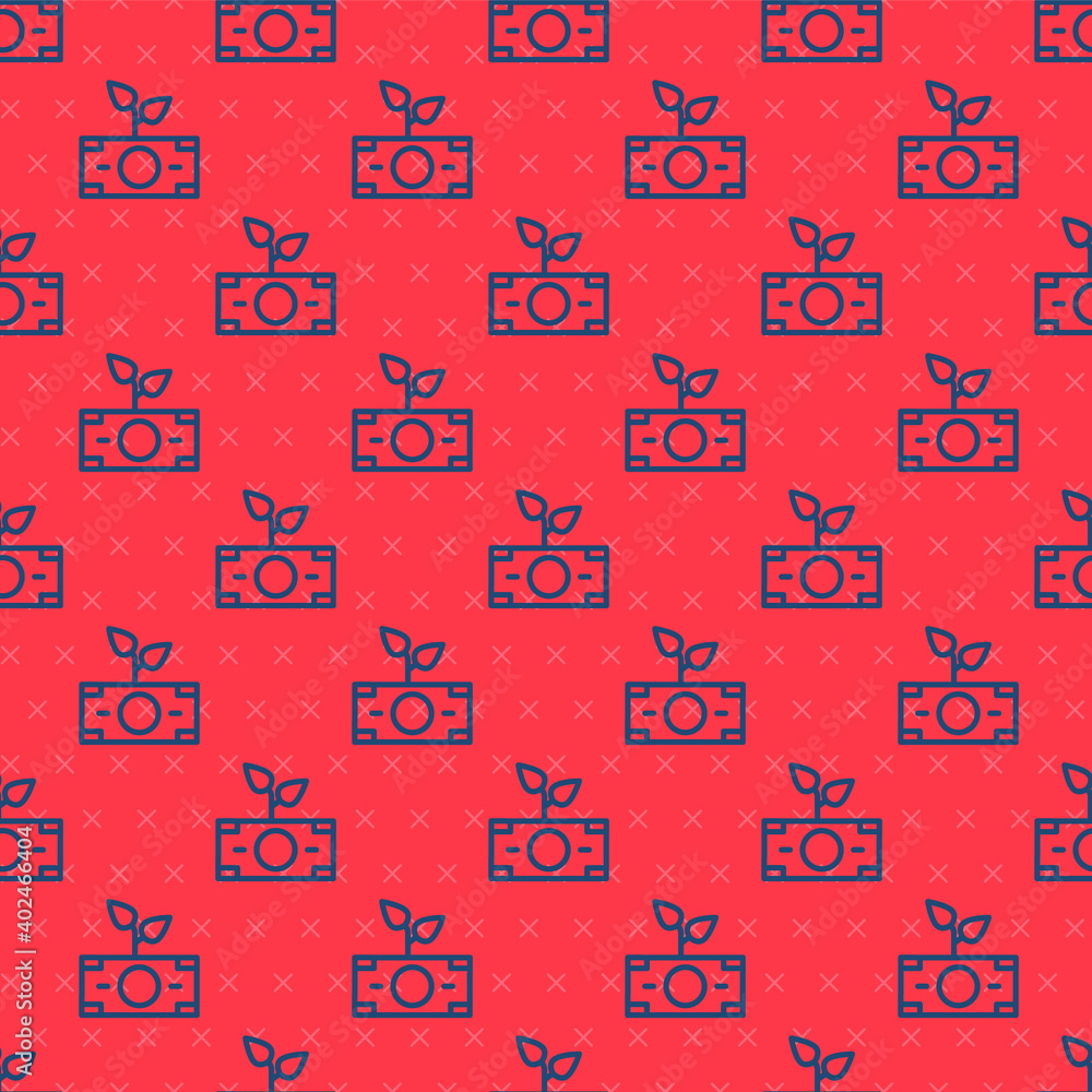 Blue line Money plant in the pot icon isolated seamless pattern on red background. Business investment growth concept. Money savings and investment. Vector.