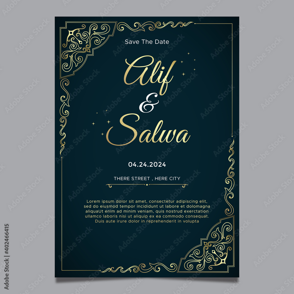 Wedding Invitation with gold ornaments

