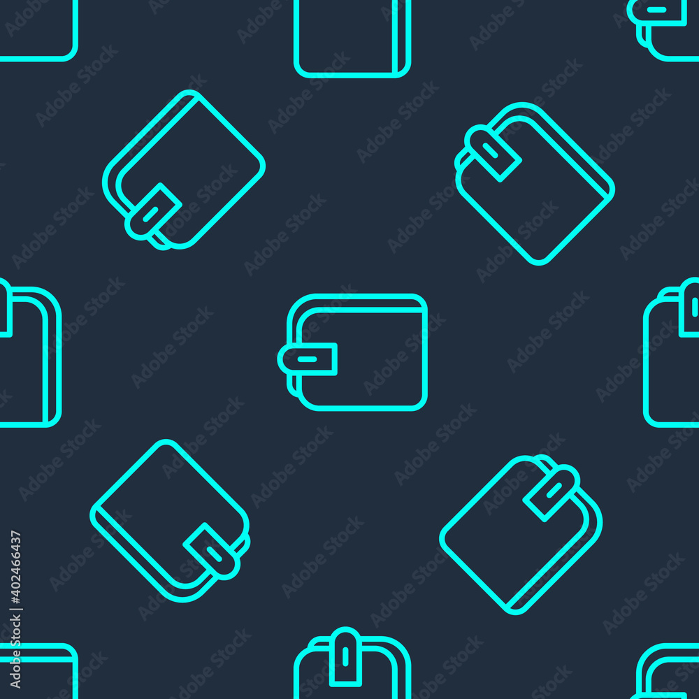 Green line Wallet icon isolated seamless pattern on blue background. Purse icon. Cash savings symbol. Vector. Green line Wallet icon isolated seamless pattern on blue background. Purse icon. Cash savings symbol. Vector.