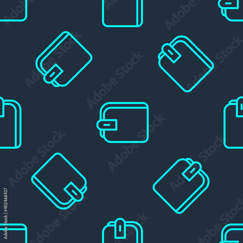 Green line Wallet icon isolated seamless pattern on blue background. Purse icon. Cash savings symbol. Vector. © Kostiantyn