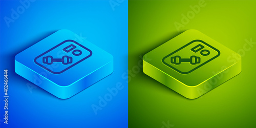 Isometric line Fitness club, gym card icon isolated on blue and green background. Square button. Vector.
