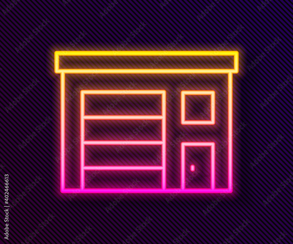 Glowing neon line Building of fire station icon isolated on black background. Fire department building. Vector. Glowing neon line Building of fire station icon isolated on black background. Fire department building. Vector.