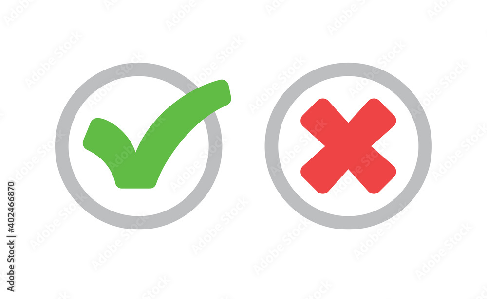 Check mark icons. Green tick and red x. Symbols of approval. Check mark icons. Green tick and red x. Symbols of approval.