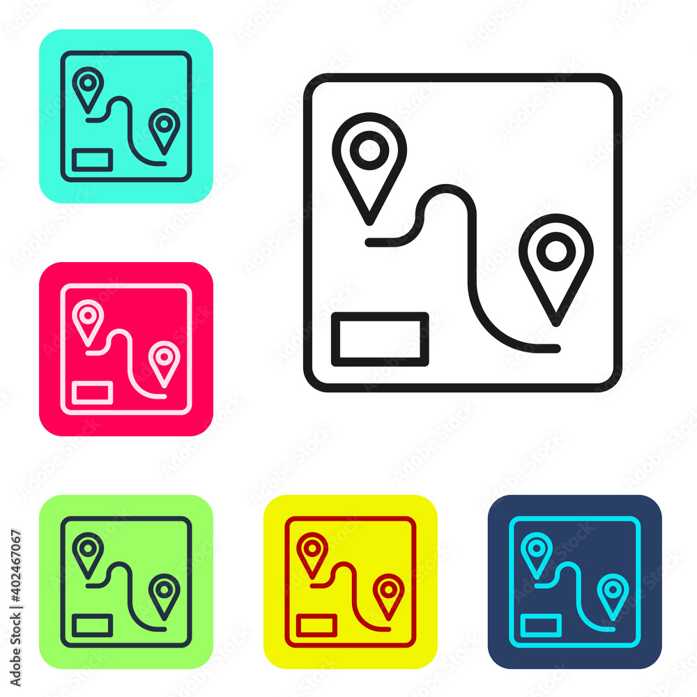Black line Route location icon isolated on white background. Train line path of train road route with start point GPS and dash line. Set icons in color square buttons. Vector. Black line Route location icon isolated on white background. Train line path of train road route with start point GPS and dash line. Set icons in color square buttons. Vector.