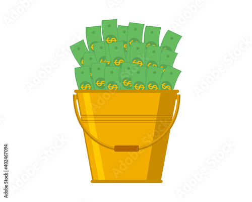 Golden bucket of money. Vector illustration with paper dollars in a bucket. Icon on a white background.