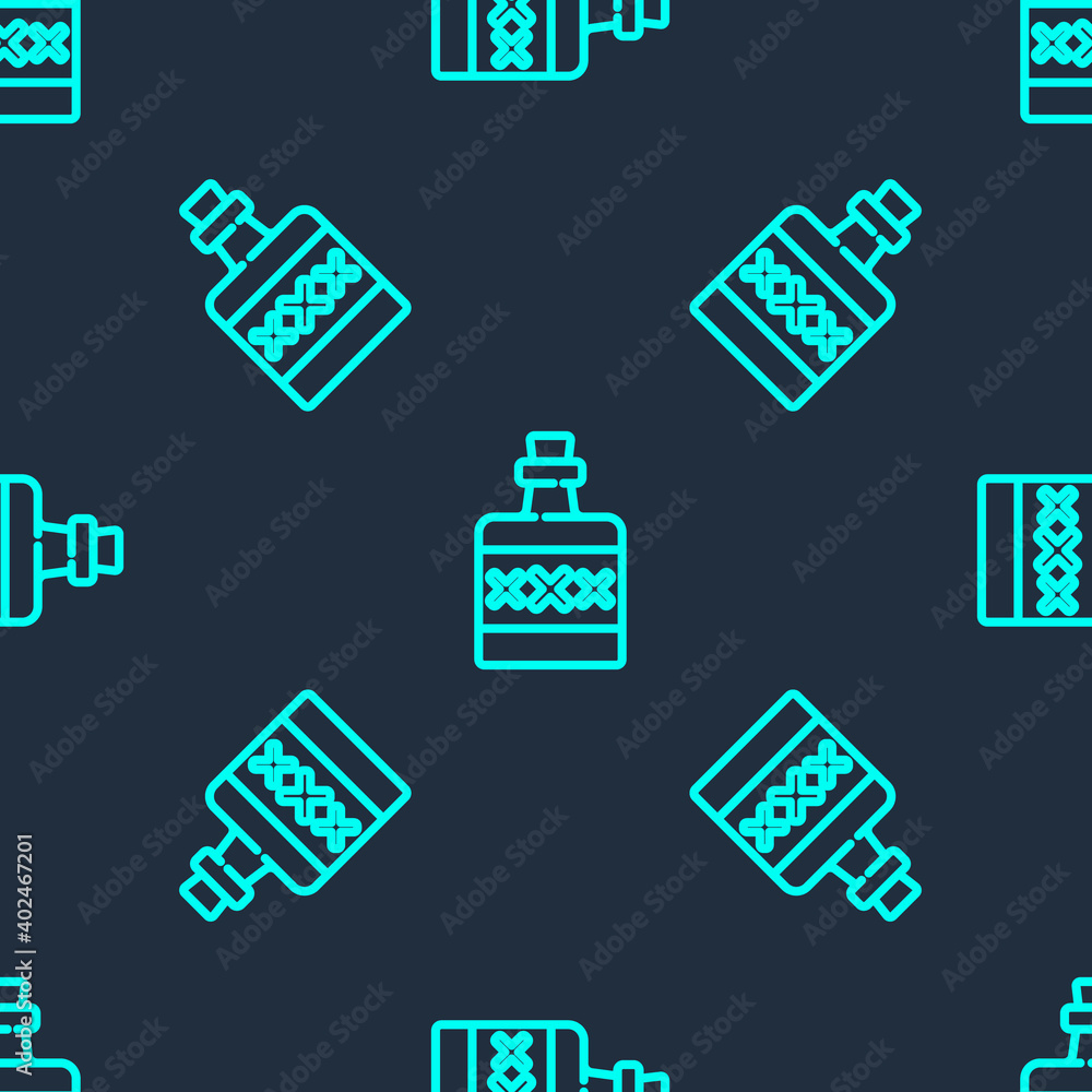 Fototapeta premium Green line Alcohol drink Rum bottle icon isolated seamless pattern on blue background. Vector.