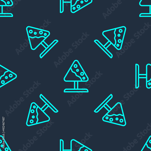 Green line Road sign avalanches icon isolated seamless pattern on blue background. Snowslide or snowslip rapid flow of snow down a sloping surface. Vector.