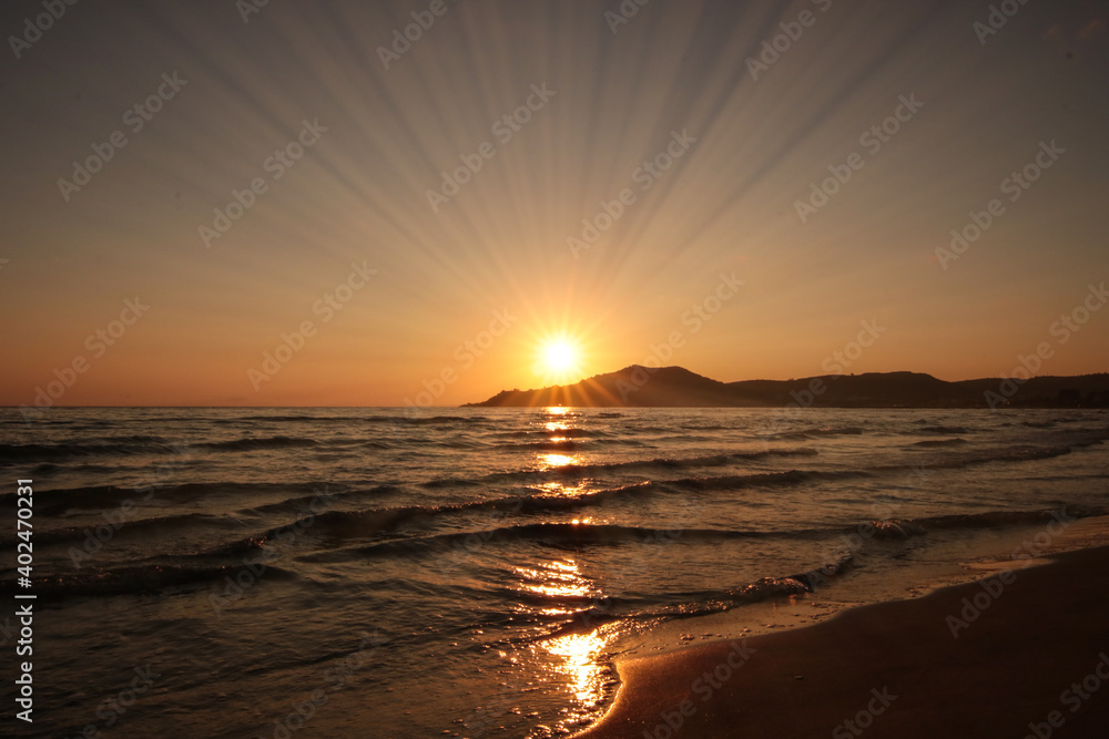 sunrise on Zakynthos Island. The photo was taken at Alykes beach.