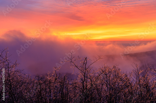 Founder’s Vision Overlook – Sunrise through foggy clouds over Blue Ridge Mountains with ice covered trees with pink, purple and orange clouds © Mark Eichenberger