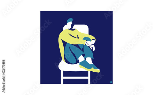 Pensively person sitting on a chair alone. One character being alone and thinking. Flat design. Copy space. Vector.