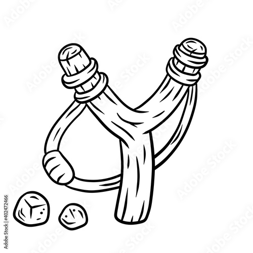 Slingshot. Wooden catapult. Black and white Children toy for throwing stones. Shooting and small rock. Sketch cartoon illustration isolated on white background