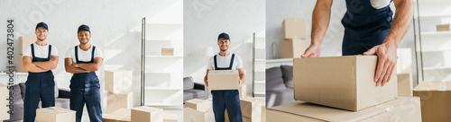 collage of mover in uniform and cap holding box and workers standing with crossed arms in apartment © LIGHTFIELD STUDIOS