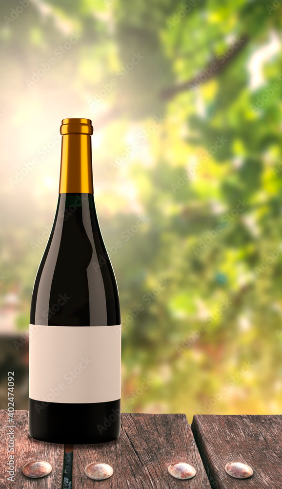 Bottle of wine with vineyard background.