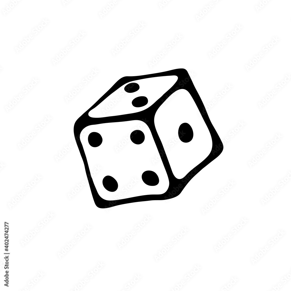 Cartoon outline cube by black outline for table game in doodle style. Drawn dice isolated on white background. Perfect for decor of kids playroom, textiles, packaging. Stay home for hobby time. Cartoon outline cube by black outline for table game in doodle style. Drawn dice isolated on white background. Perfect for decor of kids playroom, textiles, packaging. Stay home for hobby time.