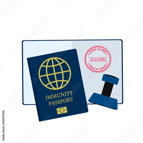 Immunity Passport flat vector illustration. Travel during pandemic and New Normal concept. Document confirming immune to COVID-19