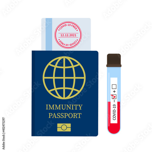 Immunity Passport and negative test flat vector illustration. Travel during pandemic and New Normal concept. Document confirming immune to COVID-19