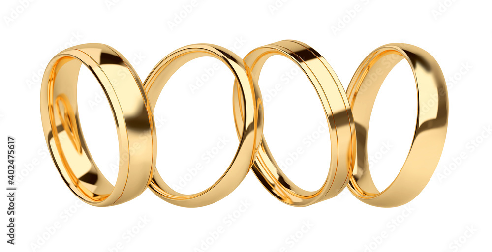 Gold rings in yellow gold in a horizontal format, flying in the air, one next to the other. 3d render illustration Gold rings in yellow gold in a horizontal format, flying in the air, one next to the other. 3d render illustration