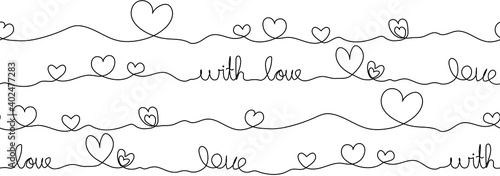 One line hearts and lettering text, love. Single line drawing. Minimalism design. Seamless pattern