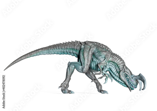 alien dinosaurs is searching in white background