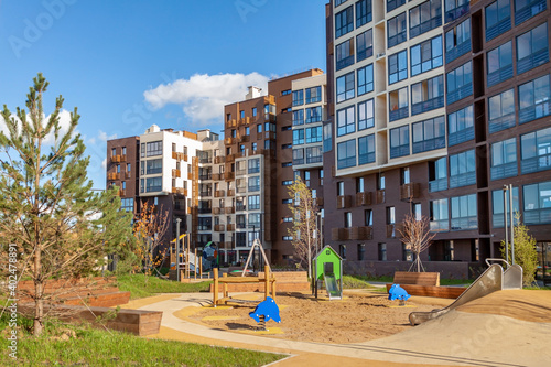 Playground for children and house building exterior mixed-use urban multi-family residential district area development