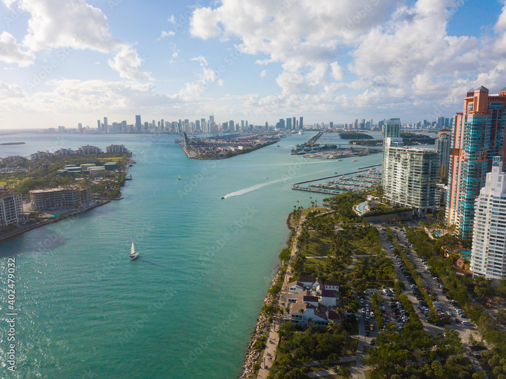 amazing aerial of miami bay with downtown cityscape in background
