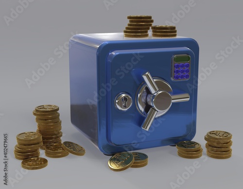 It's a safe with a bunch of coins around it. A safe is a safe place to store valuables such as money, jewelry and important documents.