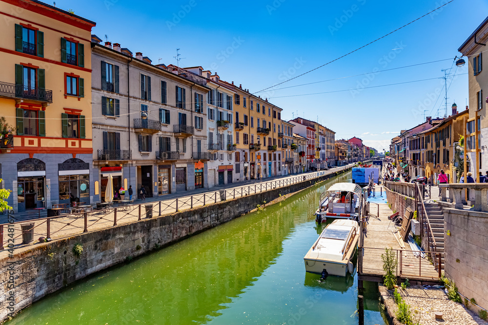 Naviglio Grande canal in Milan city, Italy, a popular tourist area