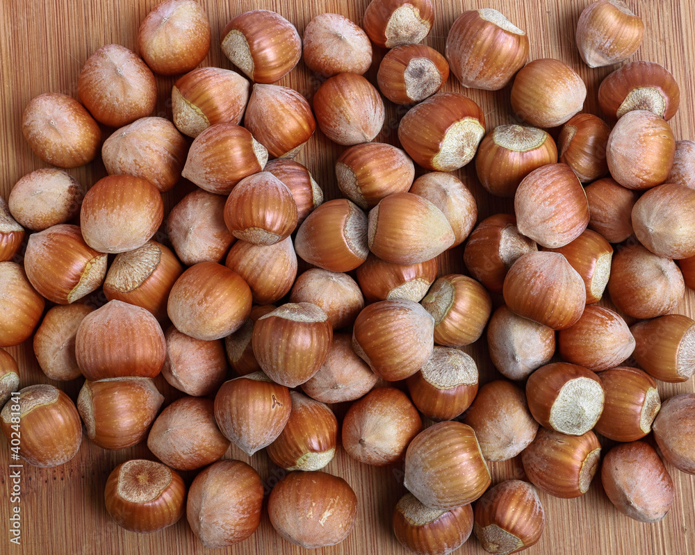 hazelnuts in shells on a wooden background hazelnuts in shells on a wooden background