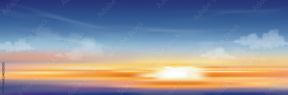 Sunset sky in evening with orange, yellow and purple colour, Dramatic twilight landscape with dark blue sky,Vector mesh horizon banner of sunrise for Spring or Summer background