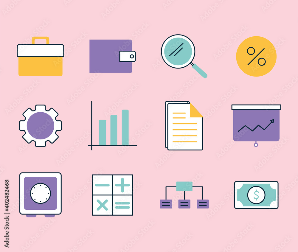 set of businees icons on a ligth pink background set of businees icons on a ligth pink background