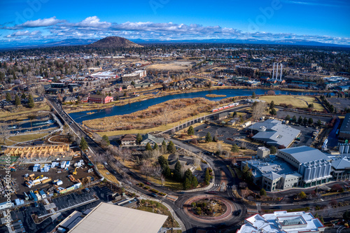 Aerial view of the Deschutes River near the Old Mill District in Bend, Oregon.