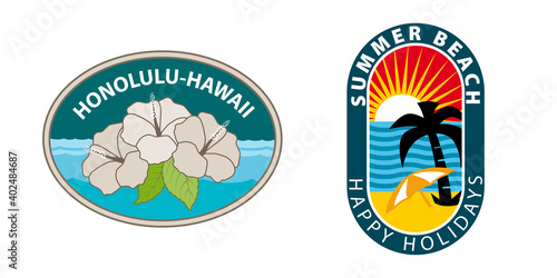 Autocollant, étiquette ou badge en souvenir de vacances paradisiaque à la mer.